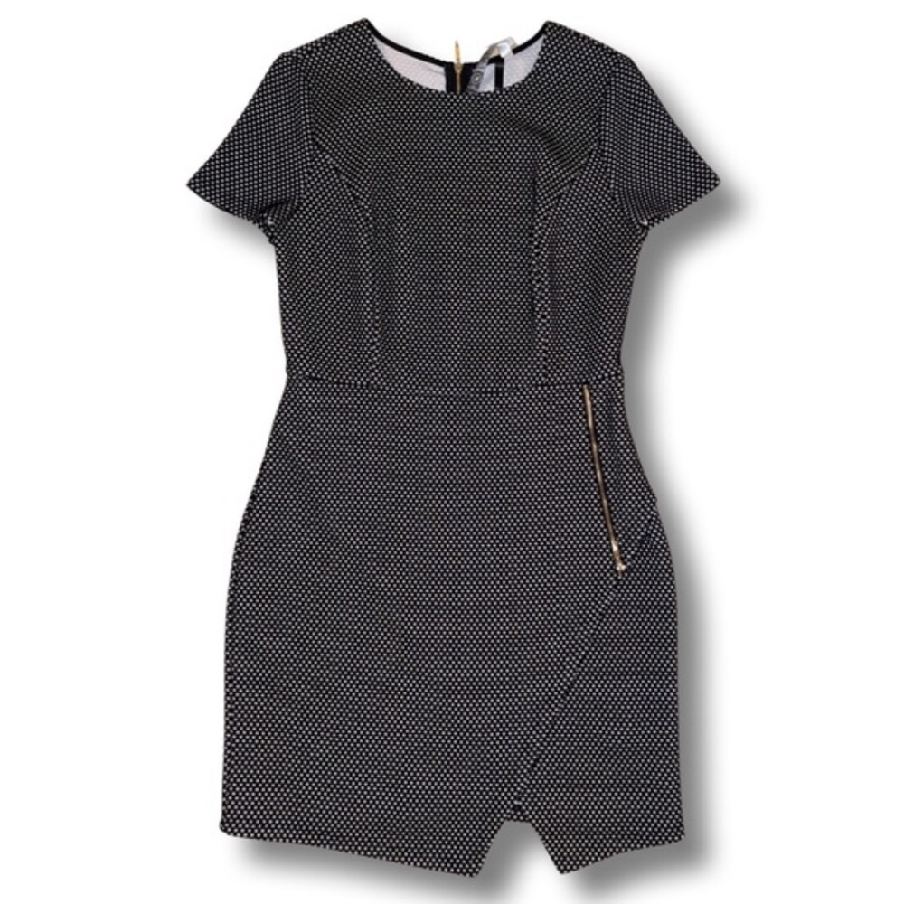 Kensie Black White Mini Check Print Zipper Detail Short Sleeve Dress size Small